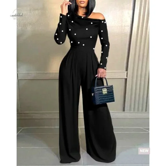 Long Sleeve Jumpsuit with Pearl Decor, Ruched Waist, Regular Fit, Medium - Picture 6 of 7